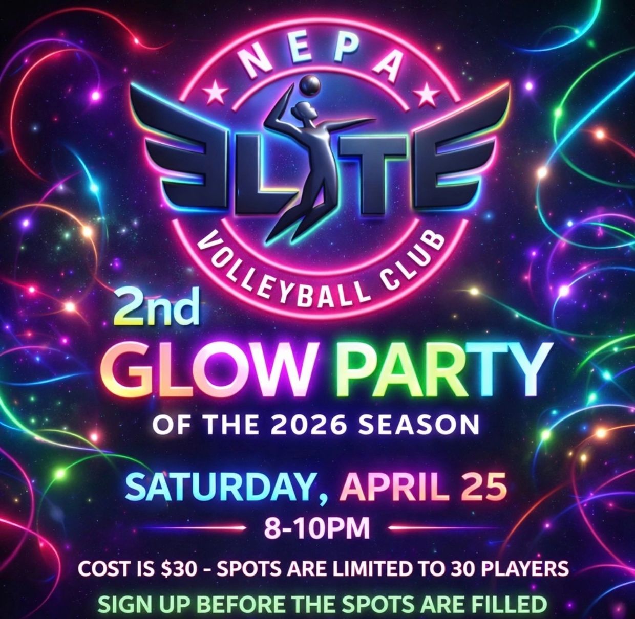 Colorful neon poster for the 2026 Glow Party on April 25, 8-10PM.