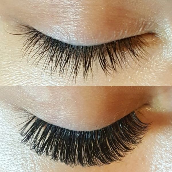 Comparison of natural and enhanced eyelashes.