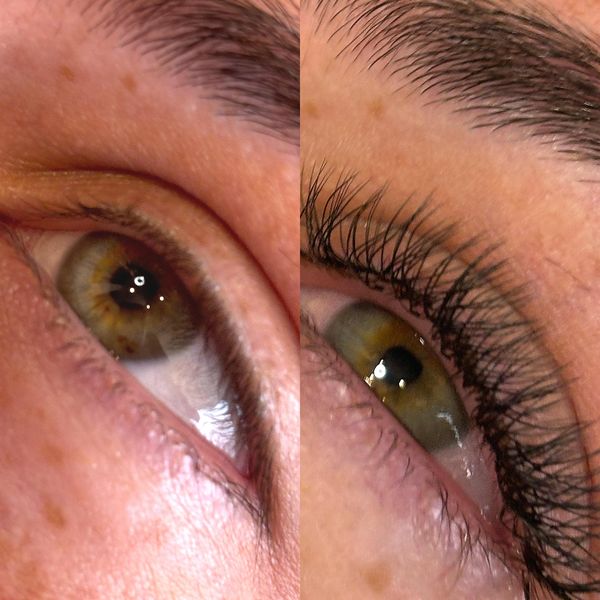 Close-up comparison of an eye before and after eyelash enhancement.