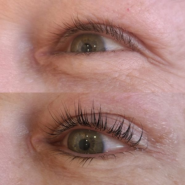 Close-up before and after of an eye with longer eyelashes after treatment.