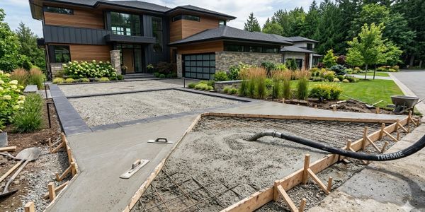 Modern house with driveway under construction using concrete.