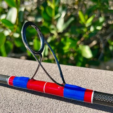 Custom saltwater rod with Fuji double foot guides and guide under wraps.