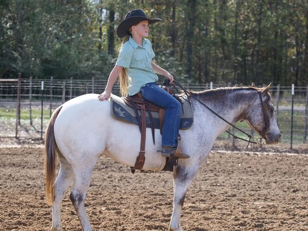 Young girl in cowboy hat riding a white and gray horse in a fenced area.