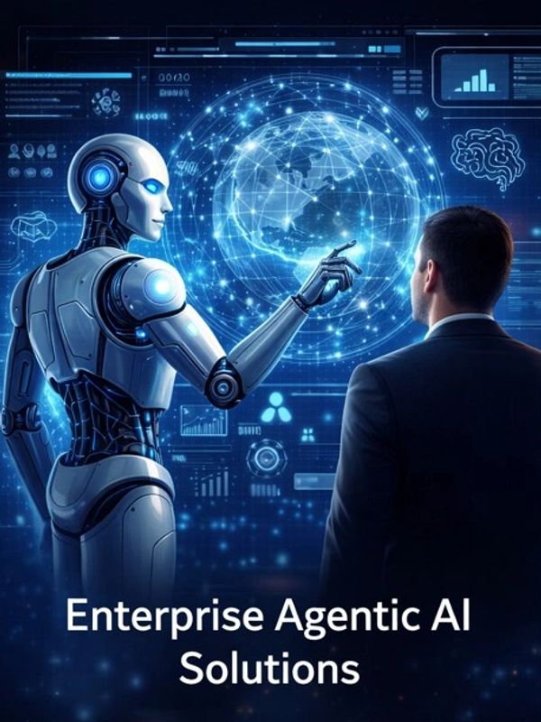 Robot and man interacting with digital globe and AI interface.