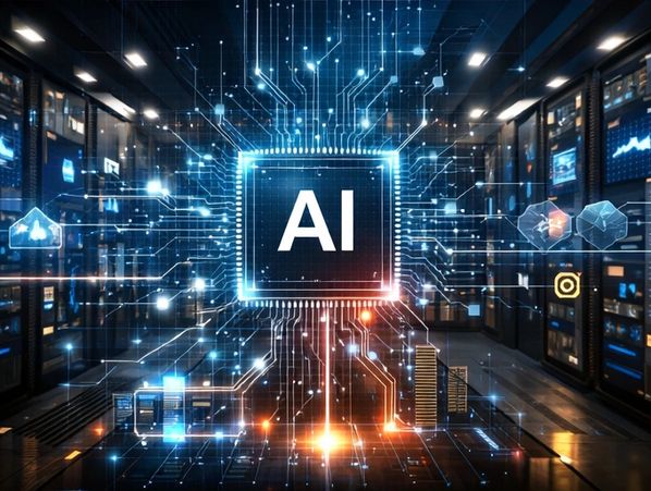 Futuristic AI chip glowing in a high-tech server room.