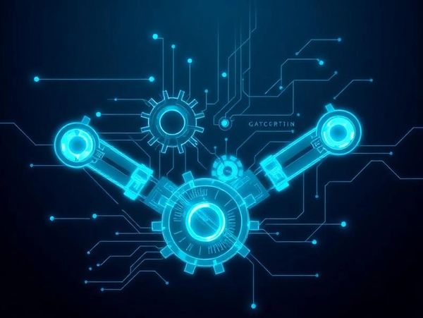 Digital gears and circuits in a glowing blue futuristic design.