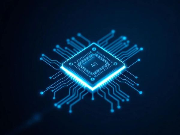 Glowing AI microchip on a dark digital circuit board.