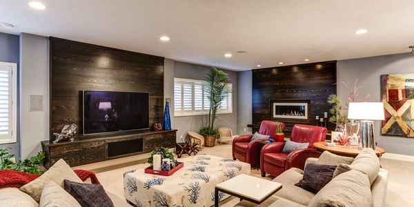 Contemporary Basement with fireplace