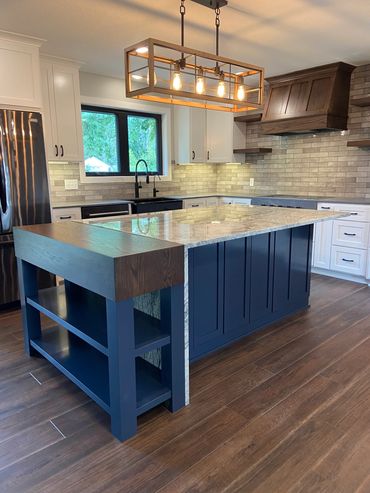 Kitchen island with waterfall countertop