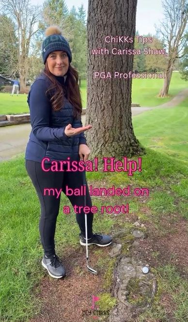 Golfer Carissa Shaw shares tips on hitting a ball near a tree root.