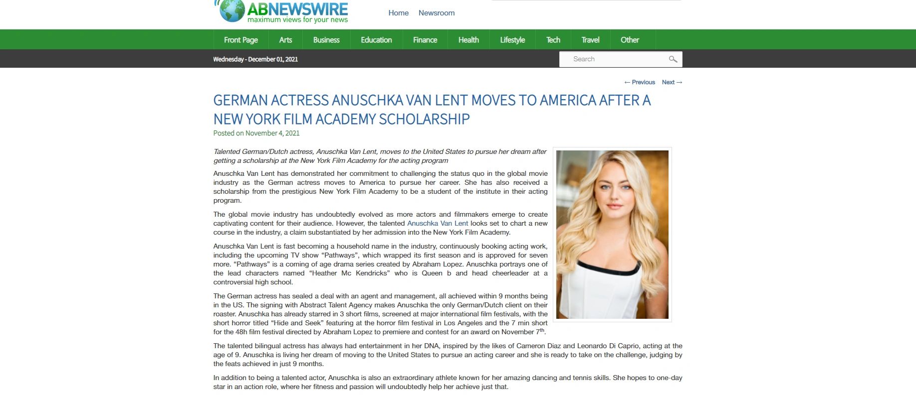 Anuschka Van Lent article with A Greek God Entertainment LLC.