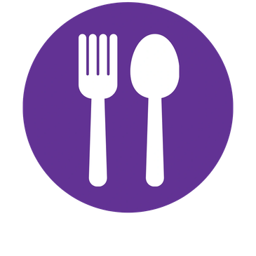 White fork and spoon icon on purple circle background.