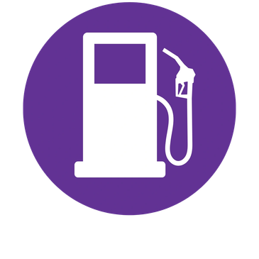 White gas pump icon on purple circle background.