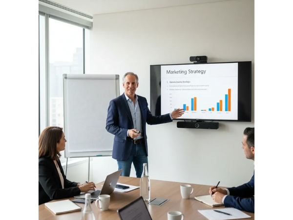 A man (similar to Zcalable Solutions founder) presenting a marketing strategy to colleagues in a conference room.