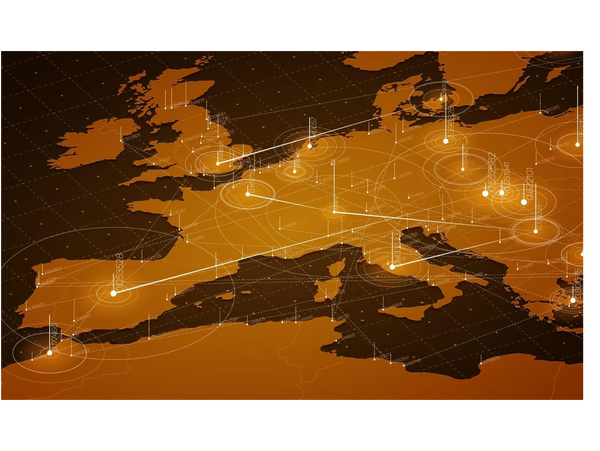 Digital map of Europe with data points and network connections in orange tones -enhancing Zcalable Solutions EMEA reach.