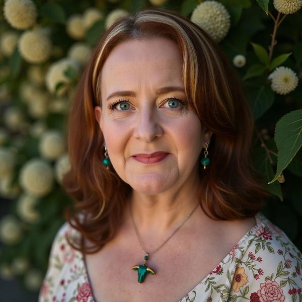 Smiling woman with red hair and floral dress.