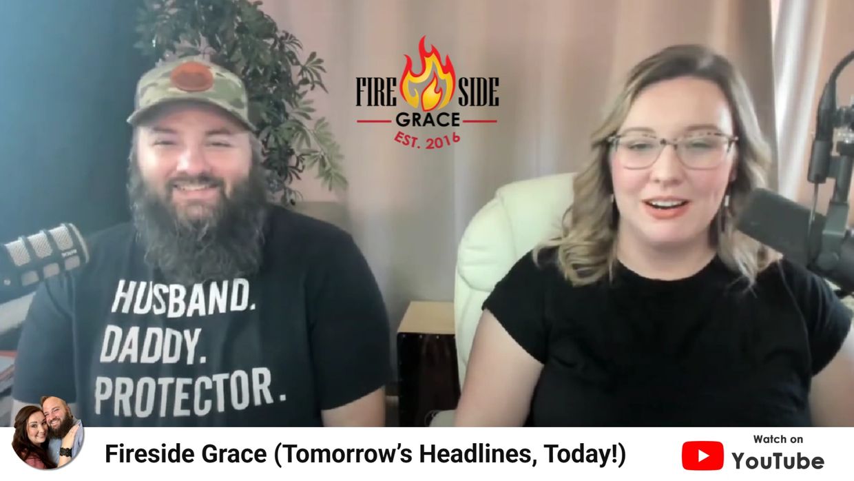 Two hosts smiling during a Fireside Grace YouTube podcast episode.