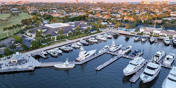 Aerial view of a marina with yachts and boats docked near a coastal community.