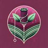 Stylized floral embroidery design with thread spool on purple fabric.