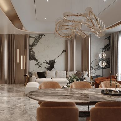 Luxurious living room with marble accents and elegant lighting.