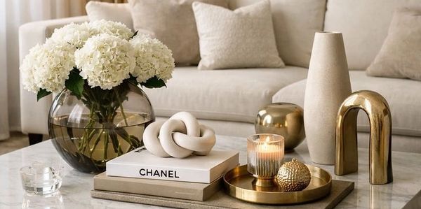 Elegant coffee table decor with white hydrangeas, books, and gold accents.