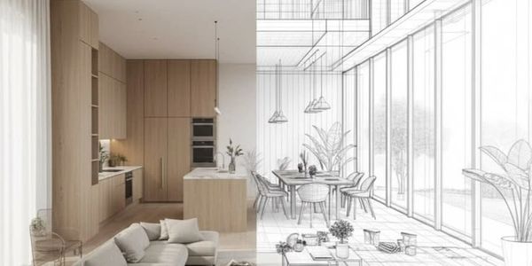 Half photo-realistic, half sketch of a modern wooden kitchen and dining area.