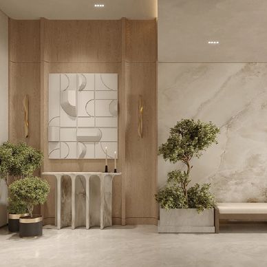 Elegant modern interior with marble console and greenery.