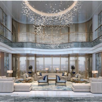 Luxurious modern living room with artistic ceiling installation and panoramic windows.