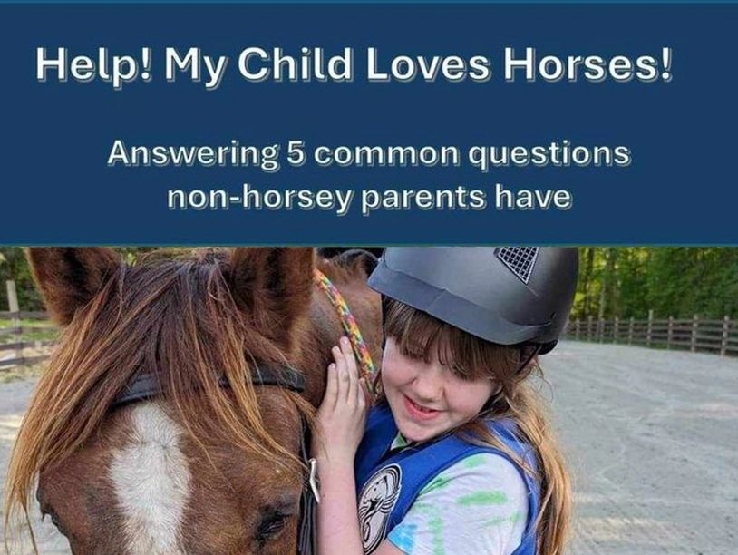 A child in helmet hugs a horse, with text about helping horse-loving kids' parents.