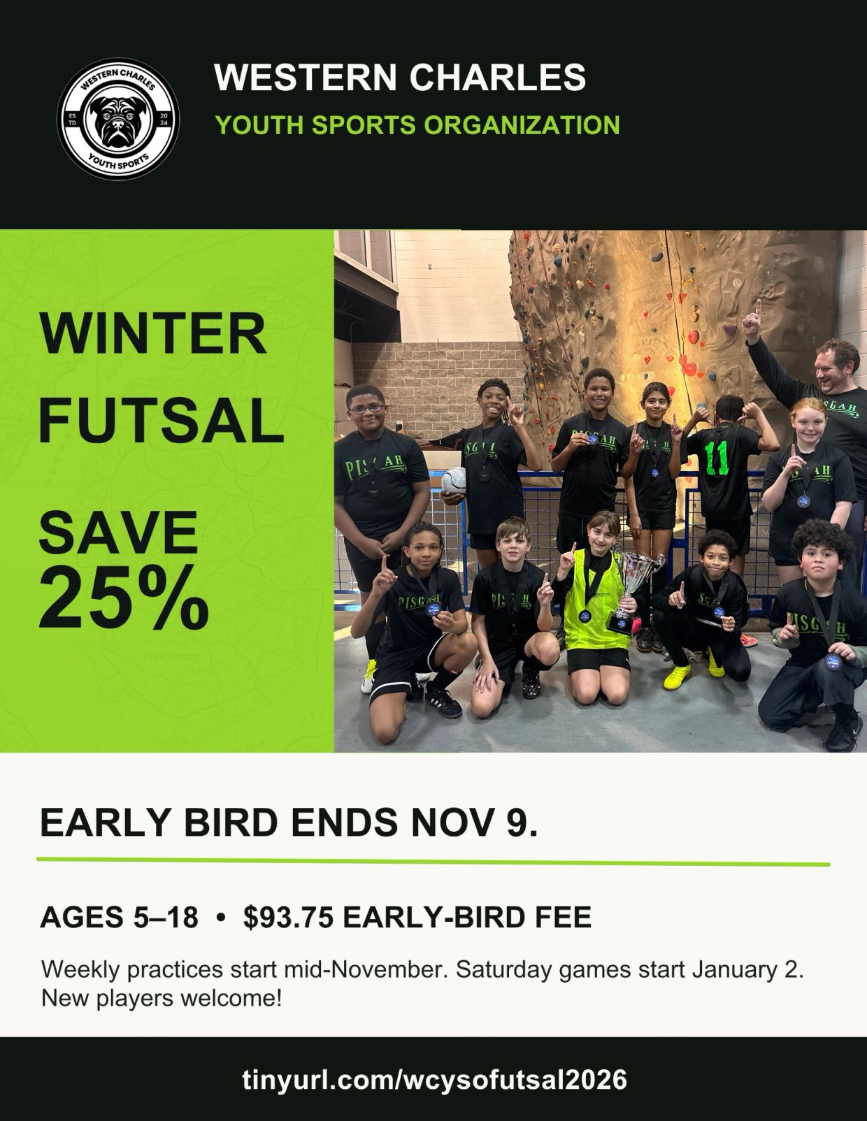 A group of kids and their coach smiling after a big futsal win. The rest is a futsal flyer advertisi