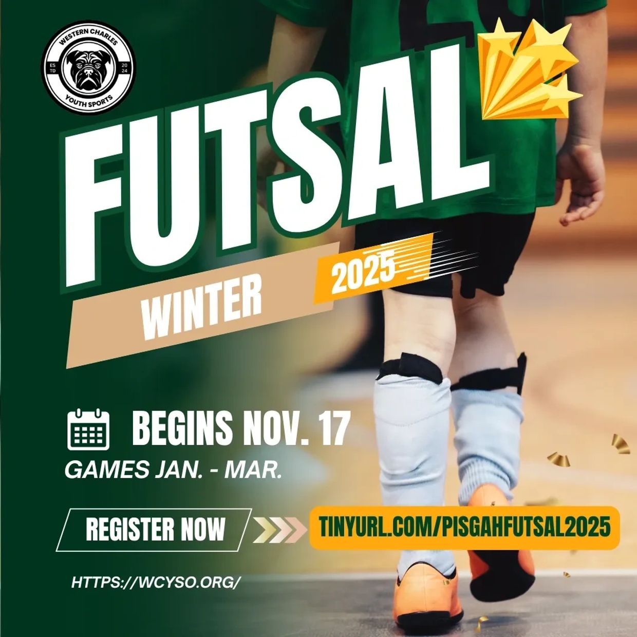 Green flyer advertising Winter Youth Futsal