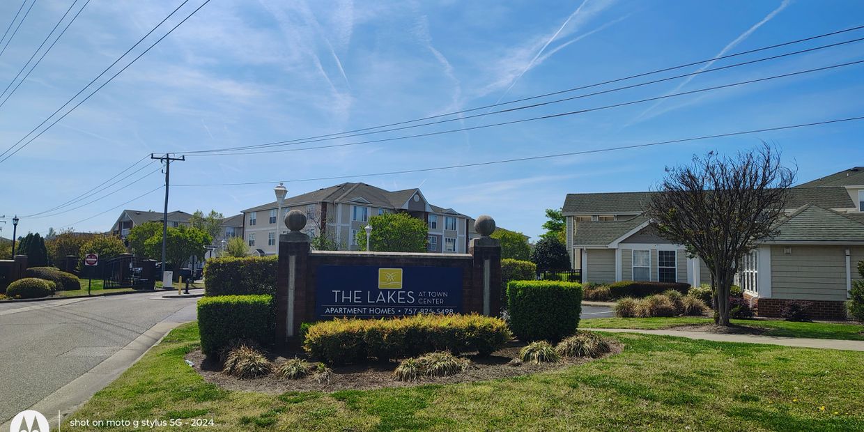 The Lakes at Town Center Apartments entrance sign in Hampton VA near Peninsula Town Center