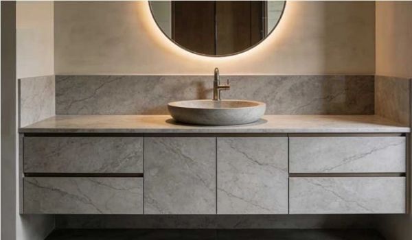 Modern bathroom vanity with round backlit mirror and stone countertop.