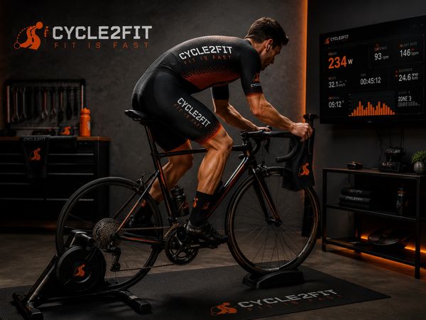 Man cycling indoors on a smart trainer with Cycle2Fit branding and performance stats on screen.