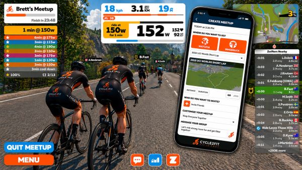 Cyclists join Brett's Meetup on a virtual cycling platform with detailed metrics and map.