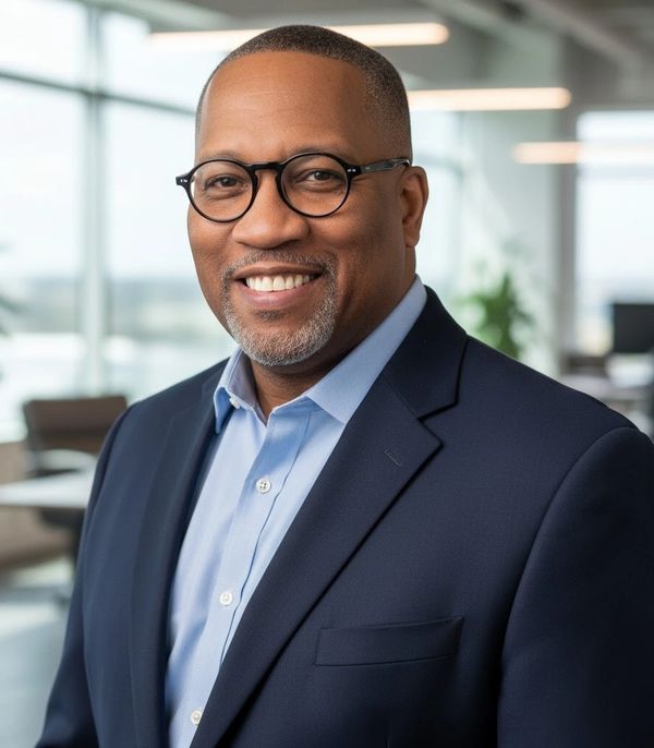 Professional man in glasses and suit smiling indoors.