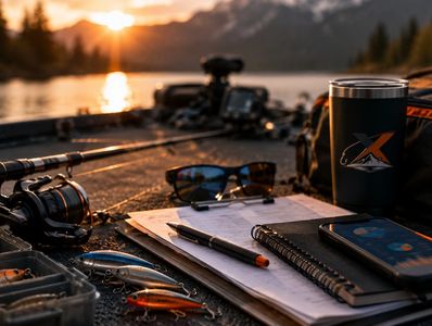 Fishing gear and notebook on a boat at sunset.
