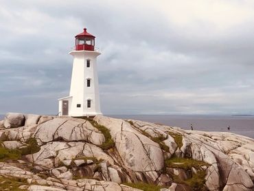 Peggys Cove Lighthouse is in a picturesque coastal village in Nova Scotia.