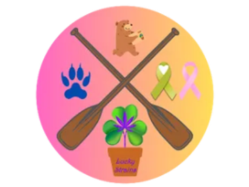 Logo with paddles, bear, ribbons, and clover on a gradient background.
