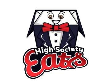 Logo of High Society Eats with a cartoon tuxedo takeout box.