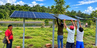 Un grupo instala paneles solares en un entorno natural.