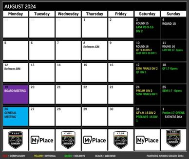 Panthers Juniors 2024 August Calendar and Key Dates