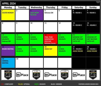 Panthers Juniors 2024 April Calendar and Key Dates