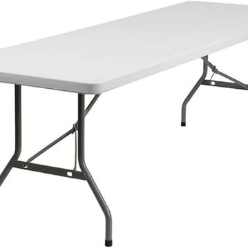 White folding table with metal legs.