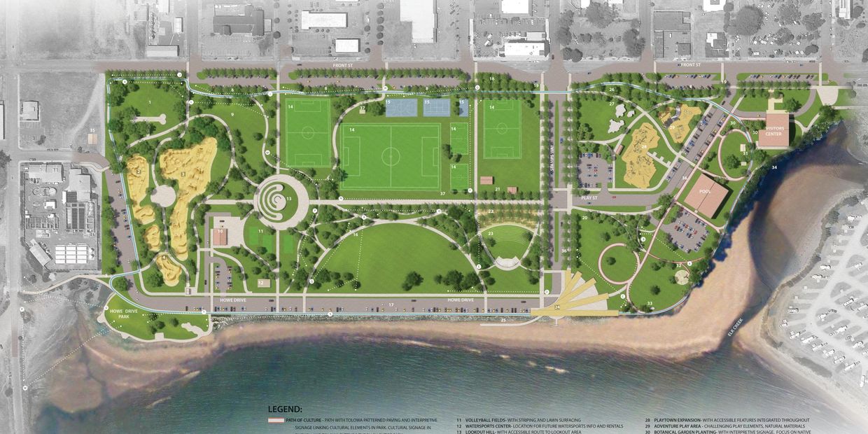 A detailed top-down layout of a waterfront park with sports fields and recreational areas.