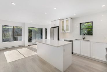 Bright modern kitchen with white cabinets, island, and large windows.