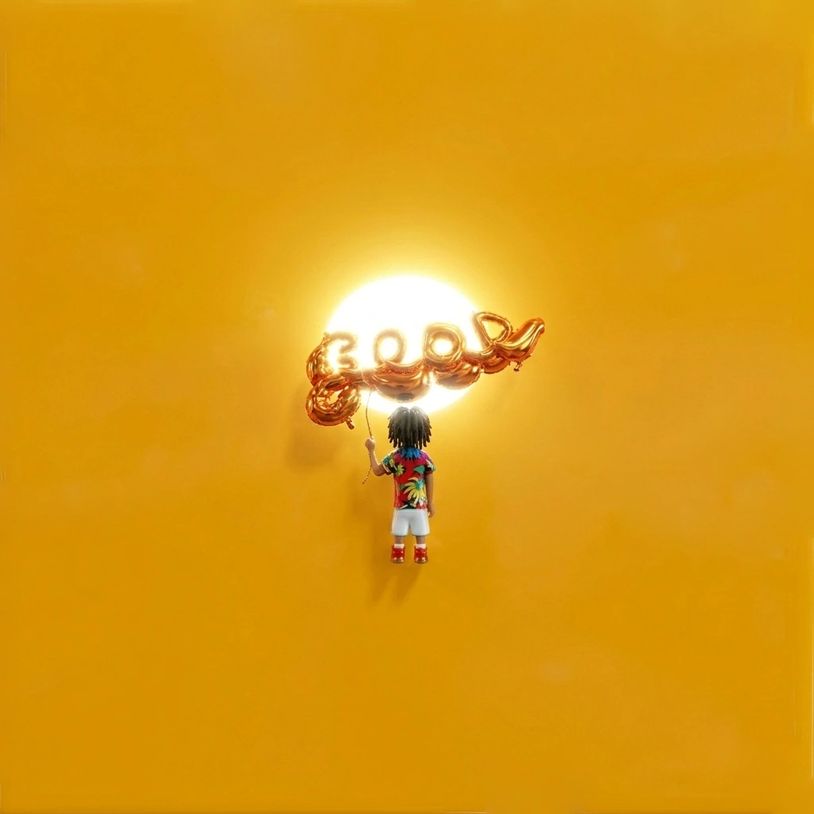A small figure holding balloons spelling 'GLORY' in front of a bright sun on a yellow background.