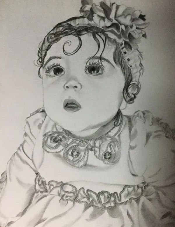 graphite pencil portrait of a curious baby girl 