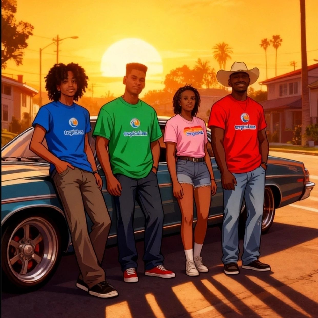 Four friends in colorful shirts posing by a classic car at sunset.