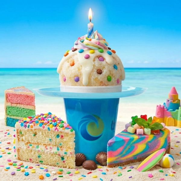 Colorful beach-themed desserts with sprinkles and a candle on a blue cup.